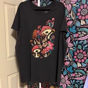 Torrid Black Tee with Colorful Mushroom and Butterfly Print